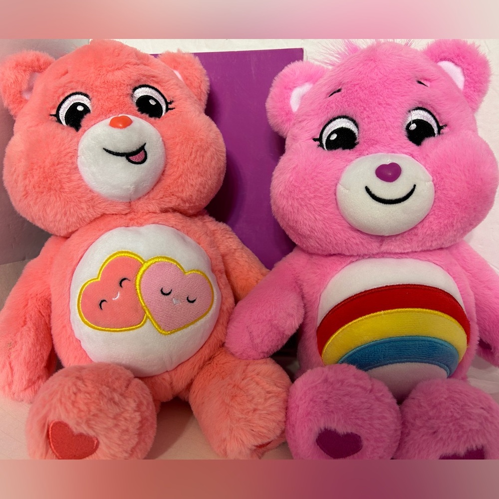 CareBears lot of 2 pink Cheer Bear & orange Love A lot Bear medium14” great con.